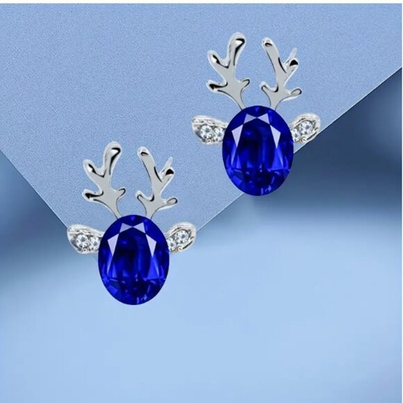 New Fashion Holiday Dark Blue Rhinestone Antler Stud Earrings - Picture 1 of 1